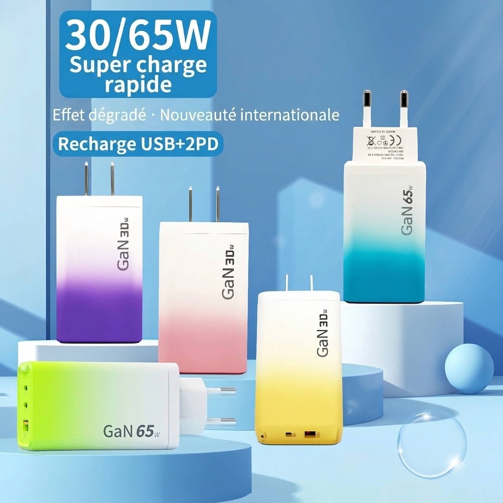 Chargeur rapide USB-C GaN 65 W, adaptateur mural multiport