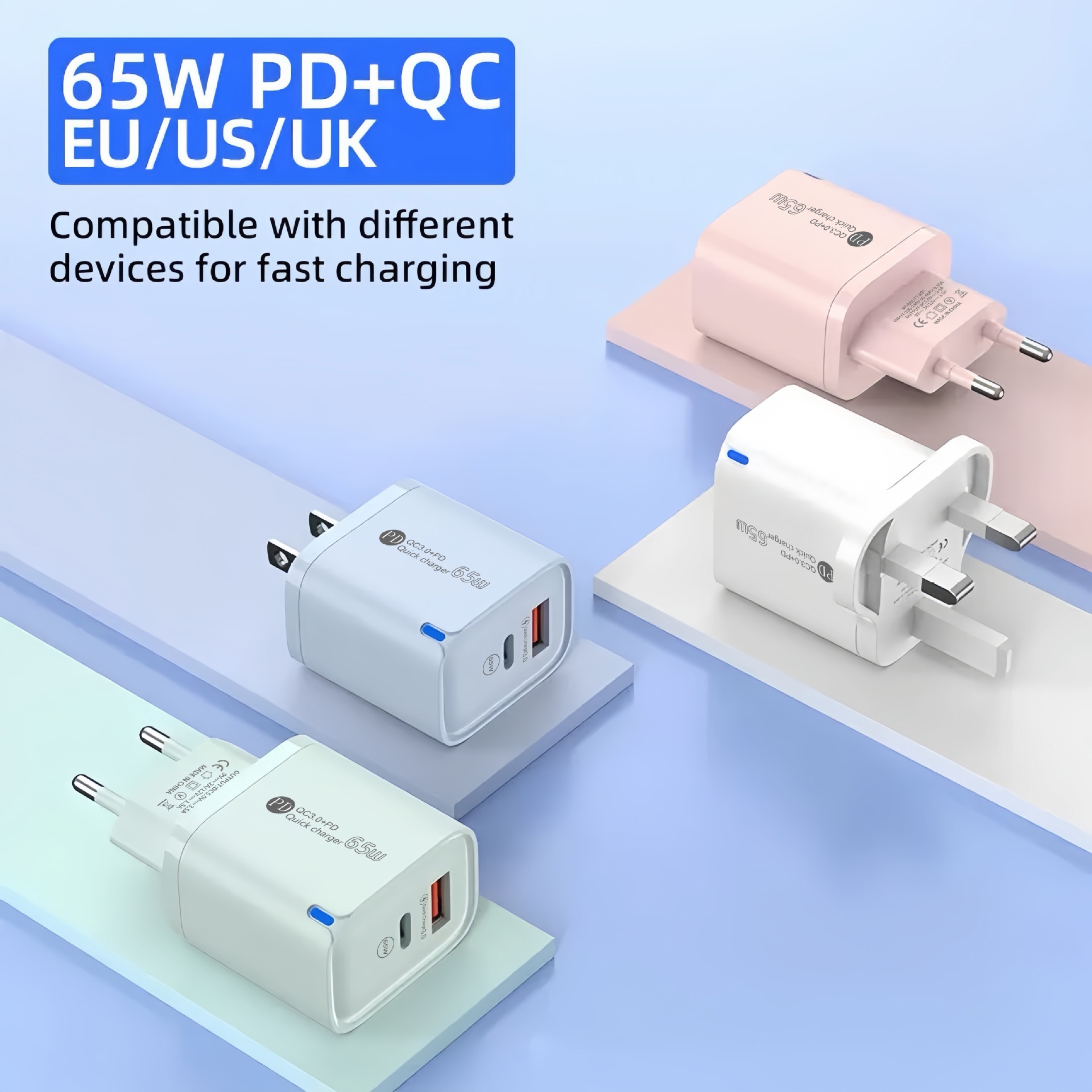 65W USB-C PD and QC Fast Charger, Dual Port Wall Adapter