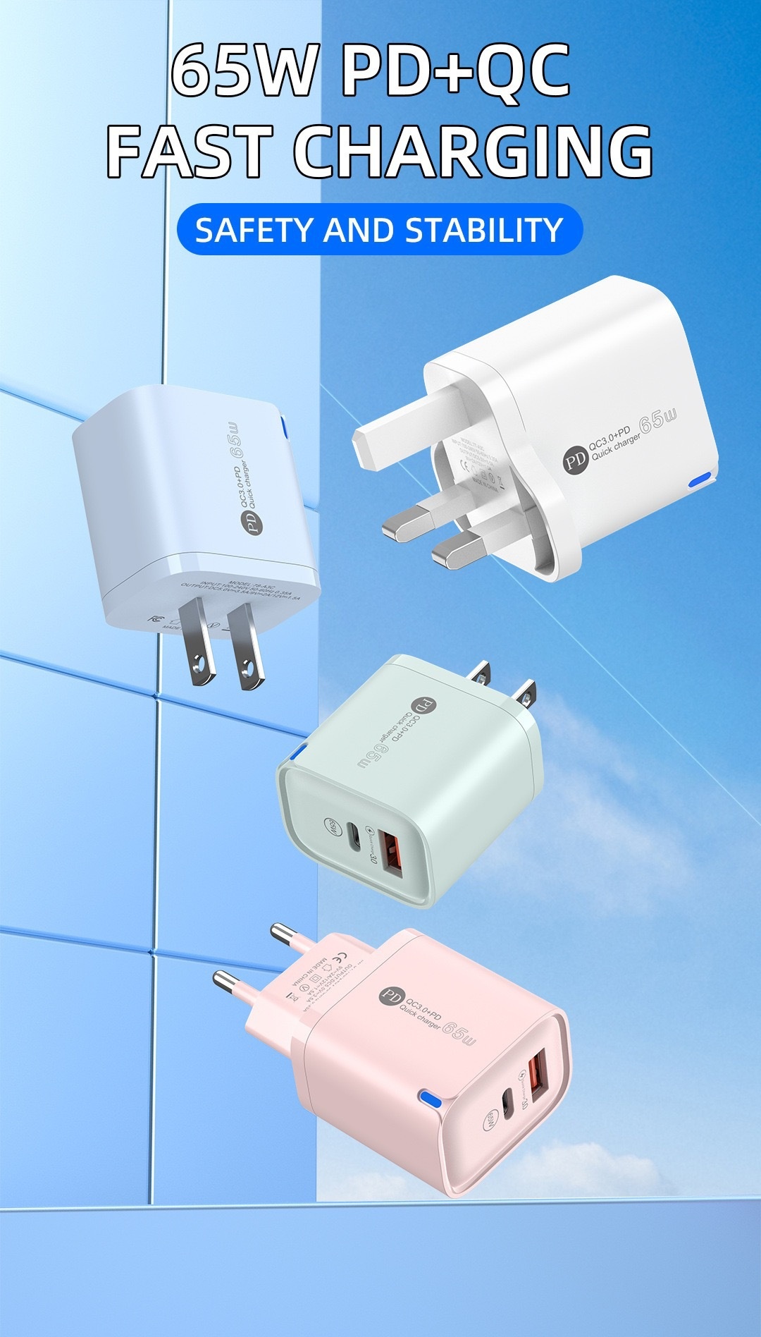65W USB-C PD and QC Fast Charger, Dual Port Wall Adapter