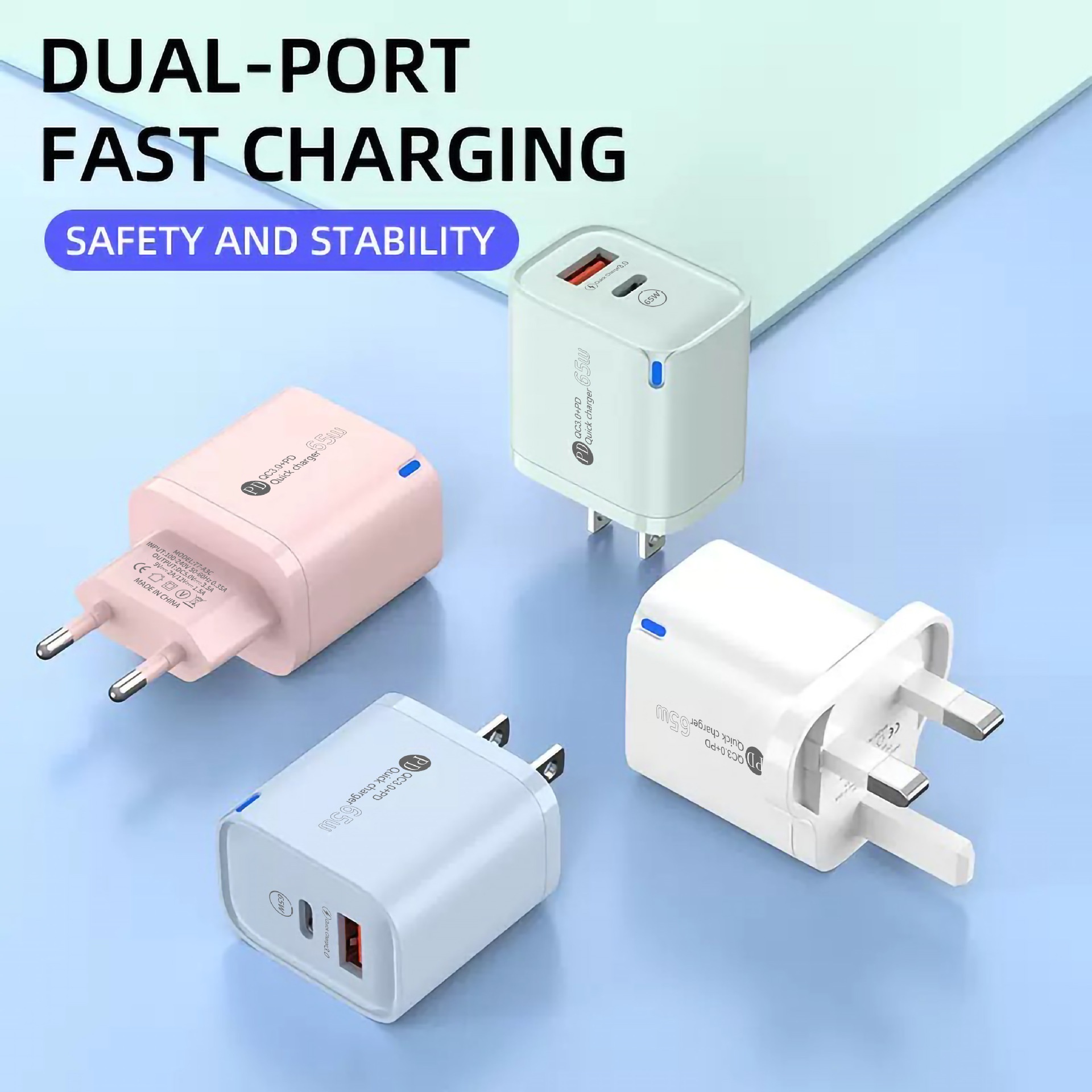65W USB-C PD and QC Fast Charger, Dual Port Wall Adapter