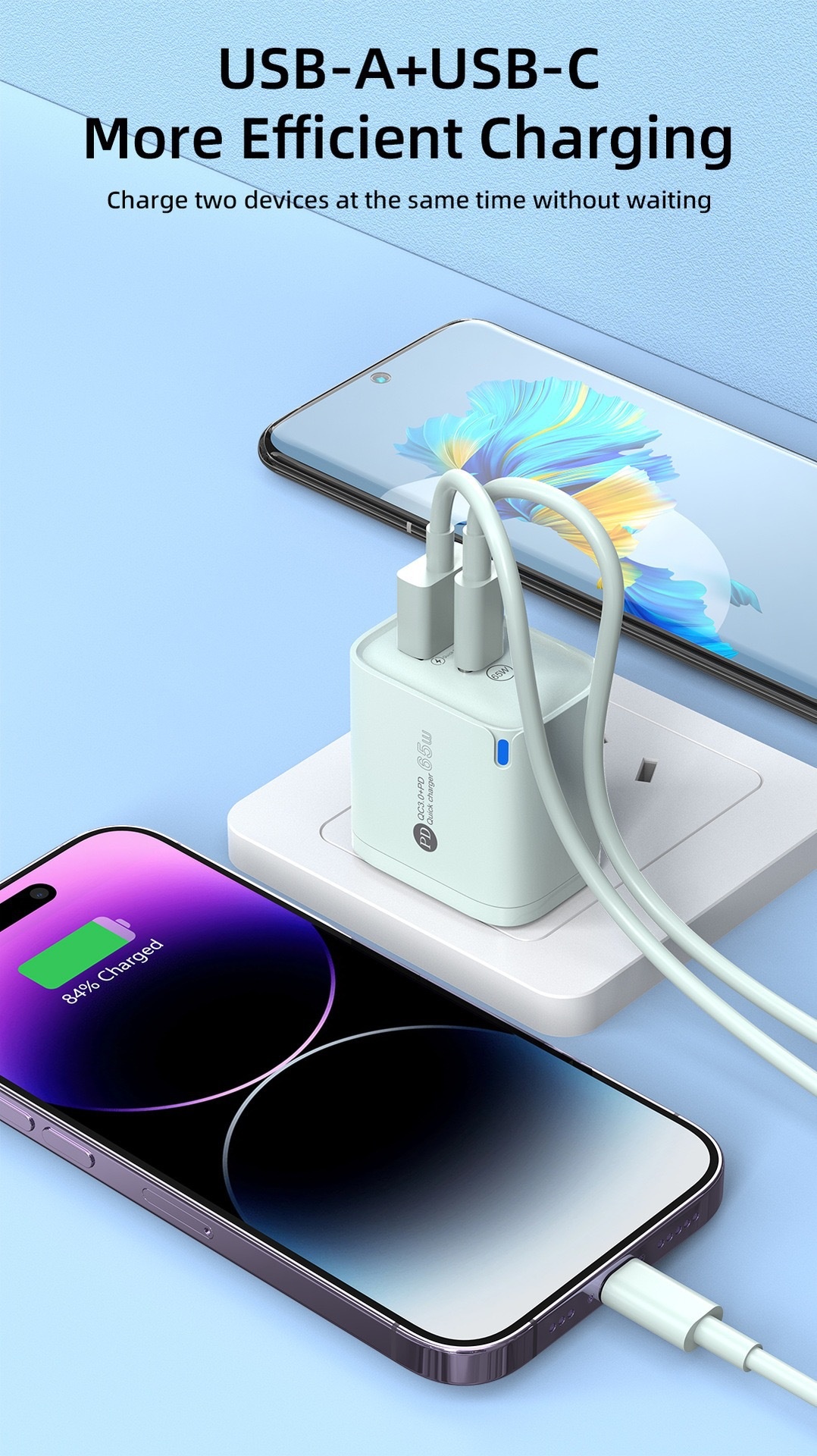 65W USB-C PD and QC Fast Charger, Dual Port Wall Adapter