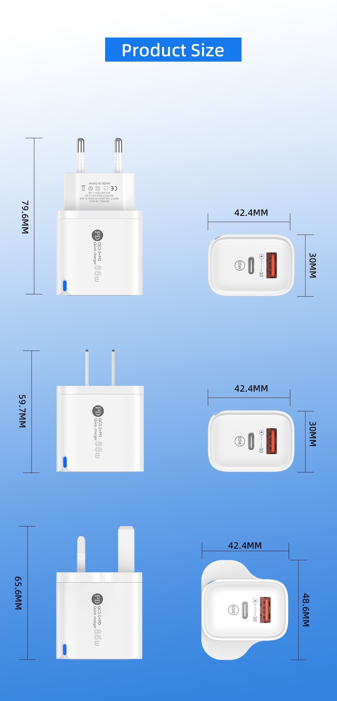 65W USB-C PD and QC Fast Charger, Dual Port Wall Adapter