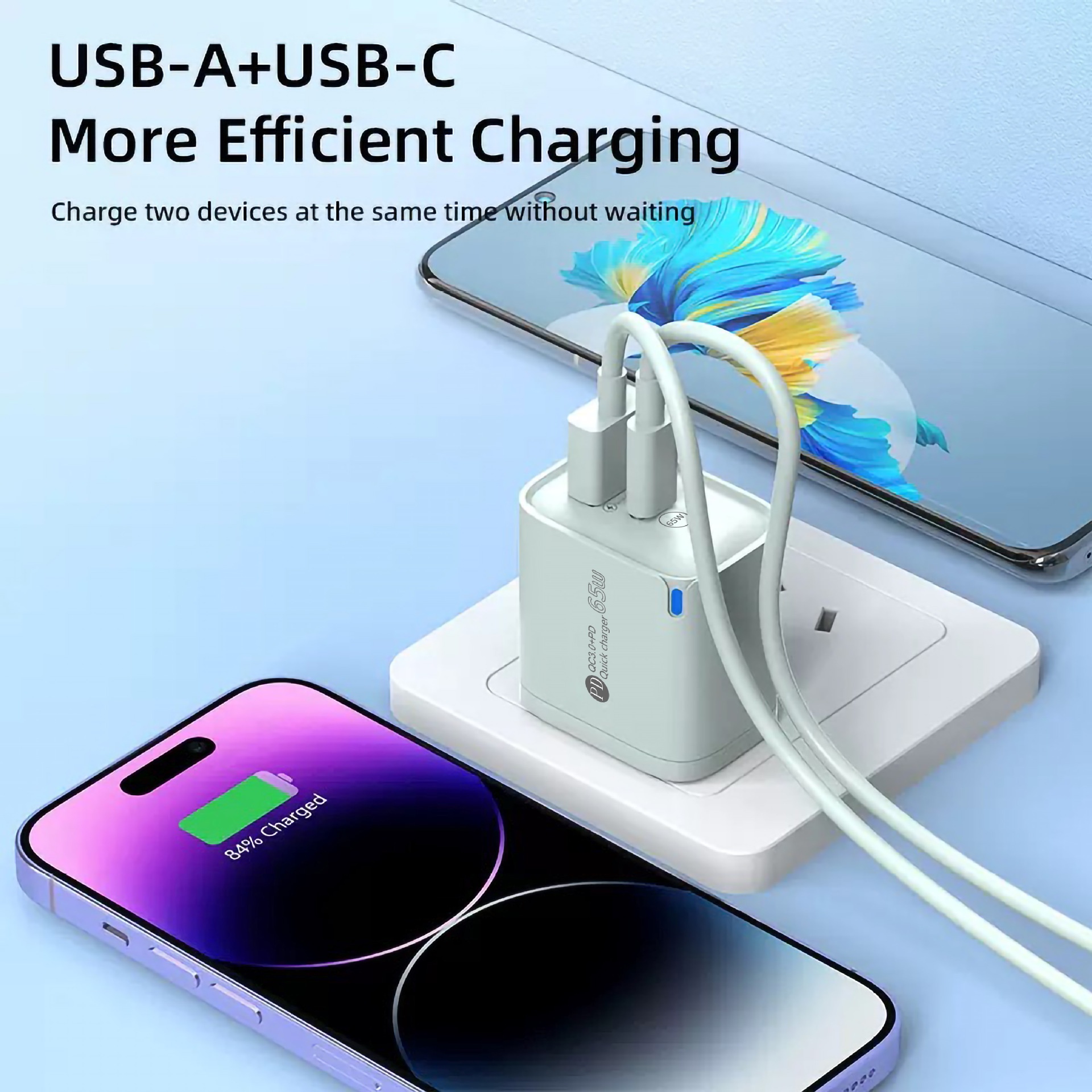 65W USB-C PD and QC Fast Charger, Dual Port Wall Adapter