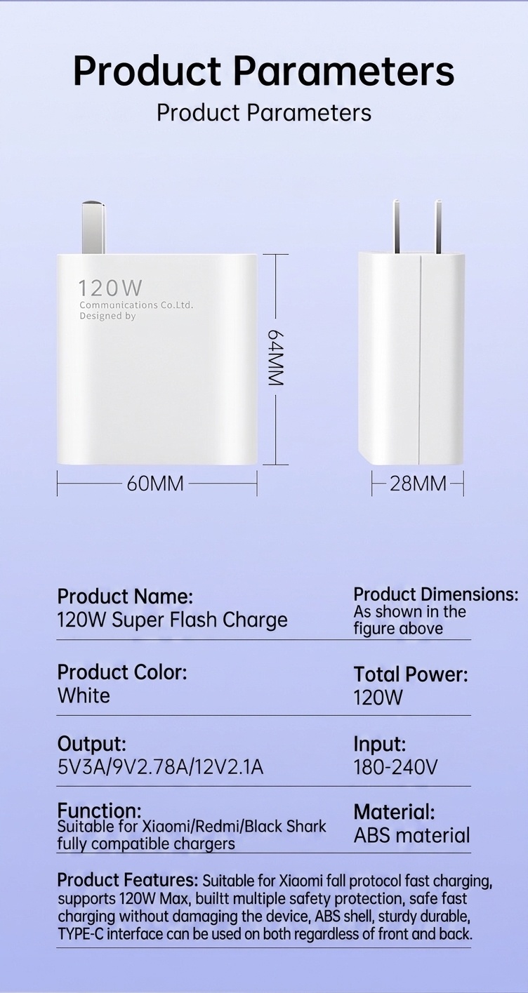 120W Super Fast Charger for Xiaomi Redmi Black Shark Phones