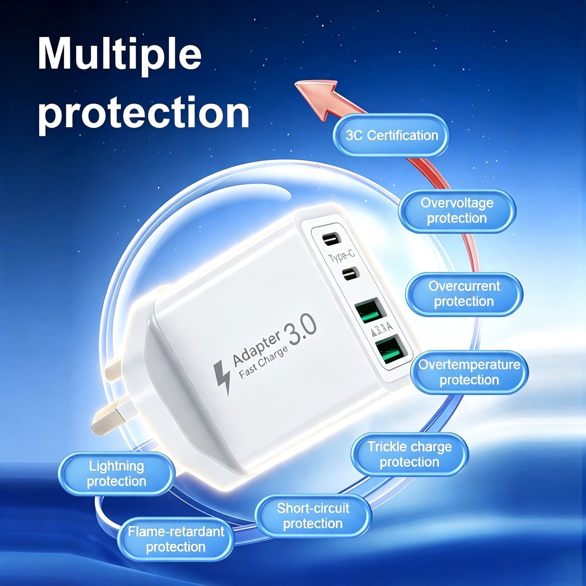 40W USB-C PD Fast Charger, 2 USB-A and 2 Type-C Ports