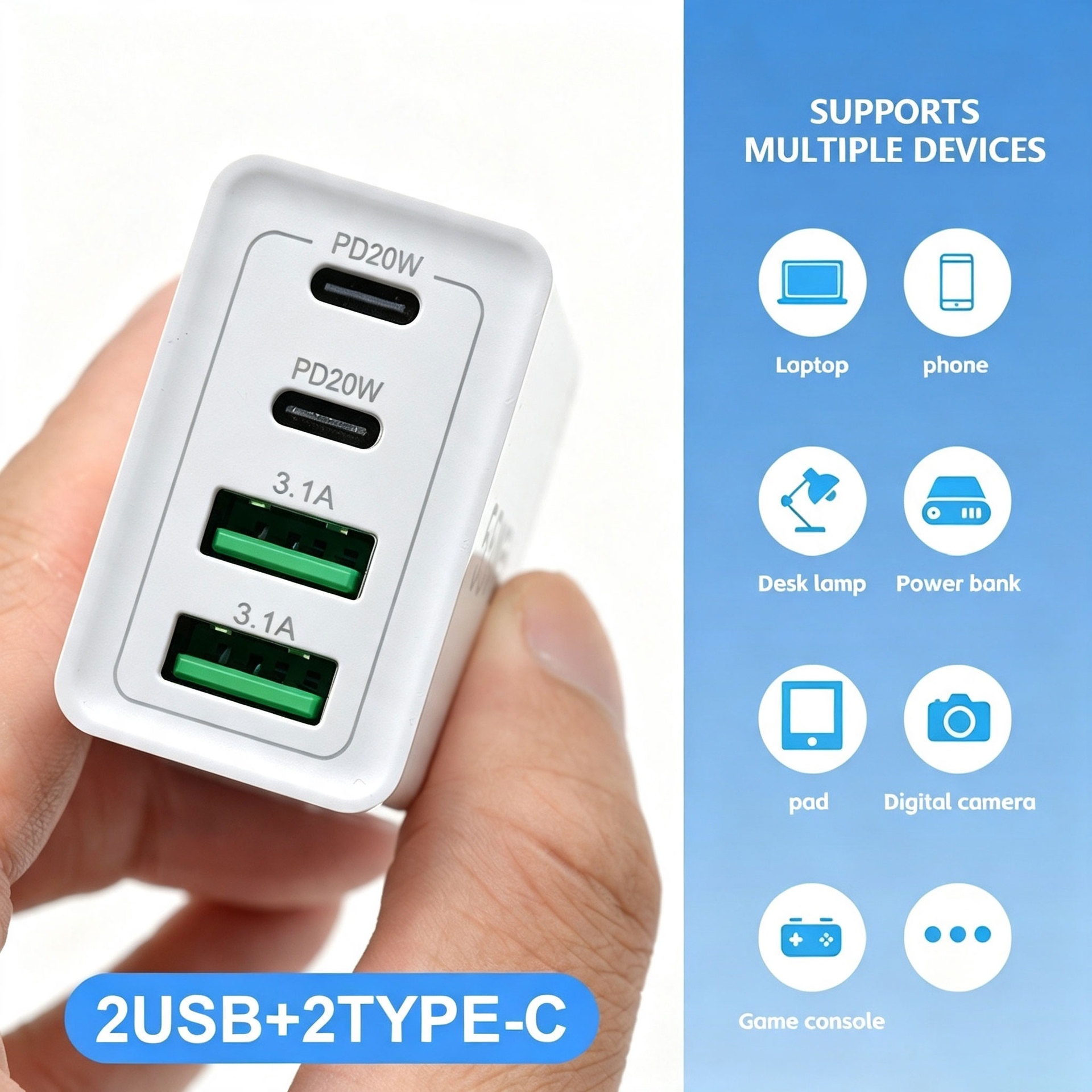 40W USB-C PD Fast Charger, 2 USB-A and 2 Type-C Ports