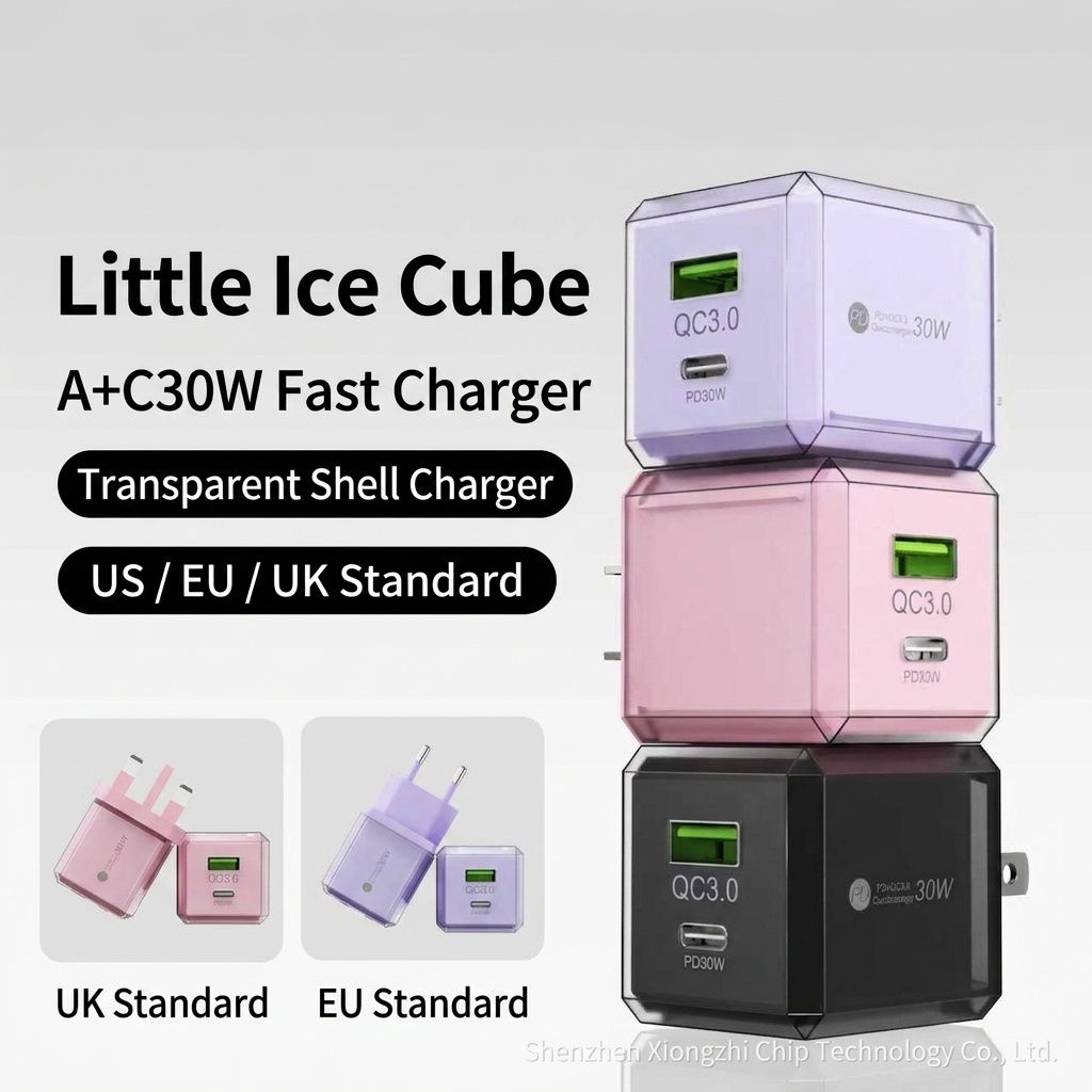 30W Dual Port USB-C and USB-A Fast Charger, Transparent Casing