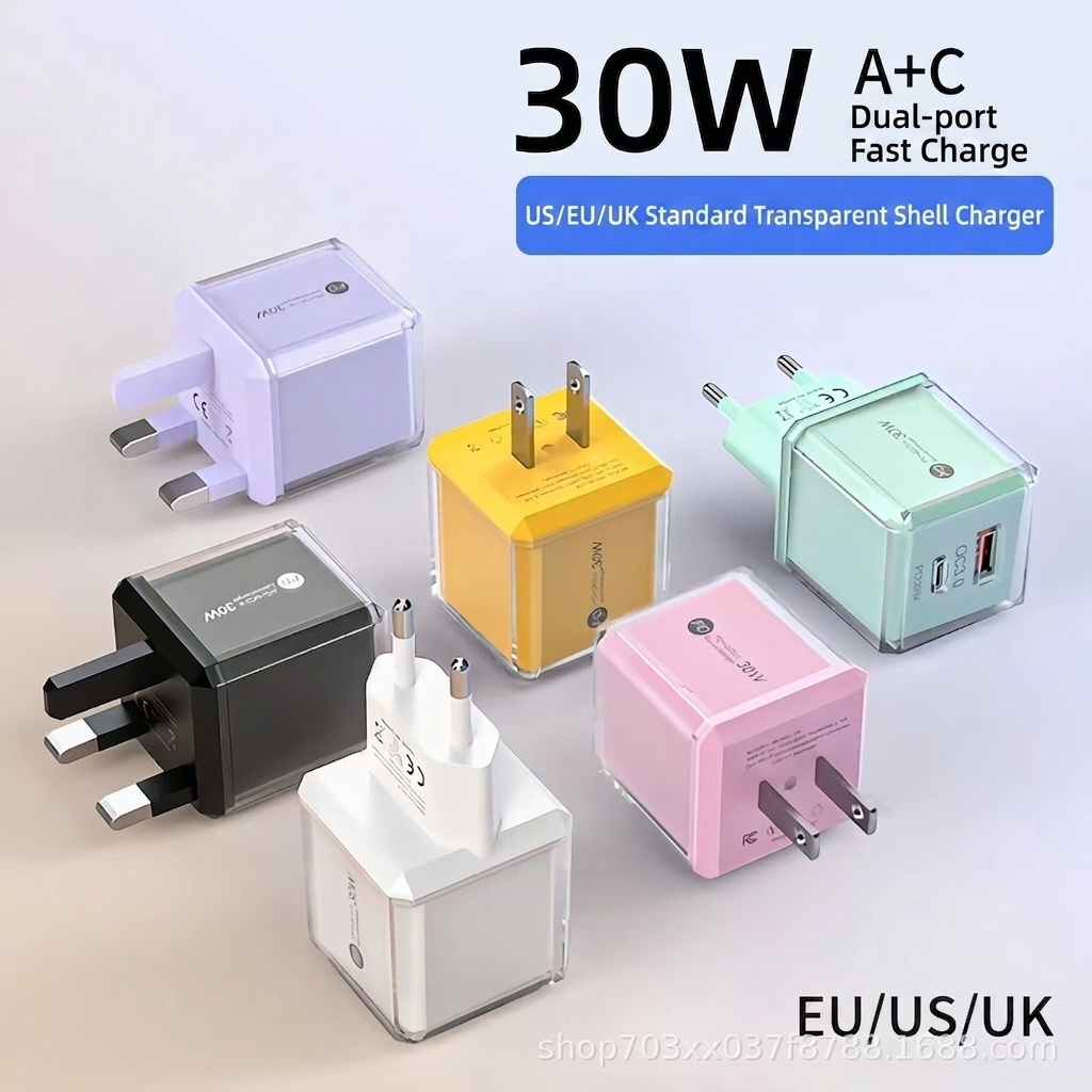 30W Dual Port USB-C and USB-A Fast Charger, Transparent Casing