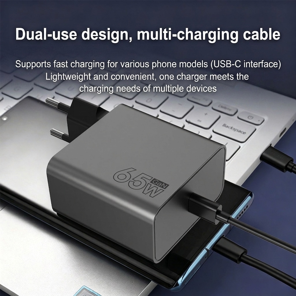 65W GaN Fast Charger, USB-C and USB-A Dual Port Wall Adapter