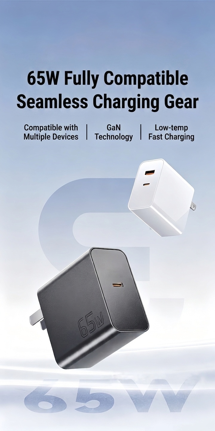 65W GaN Fast Charger, USB-C and USB-A Dual Port Wall Adapter