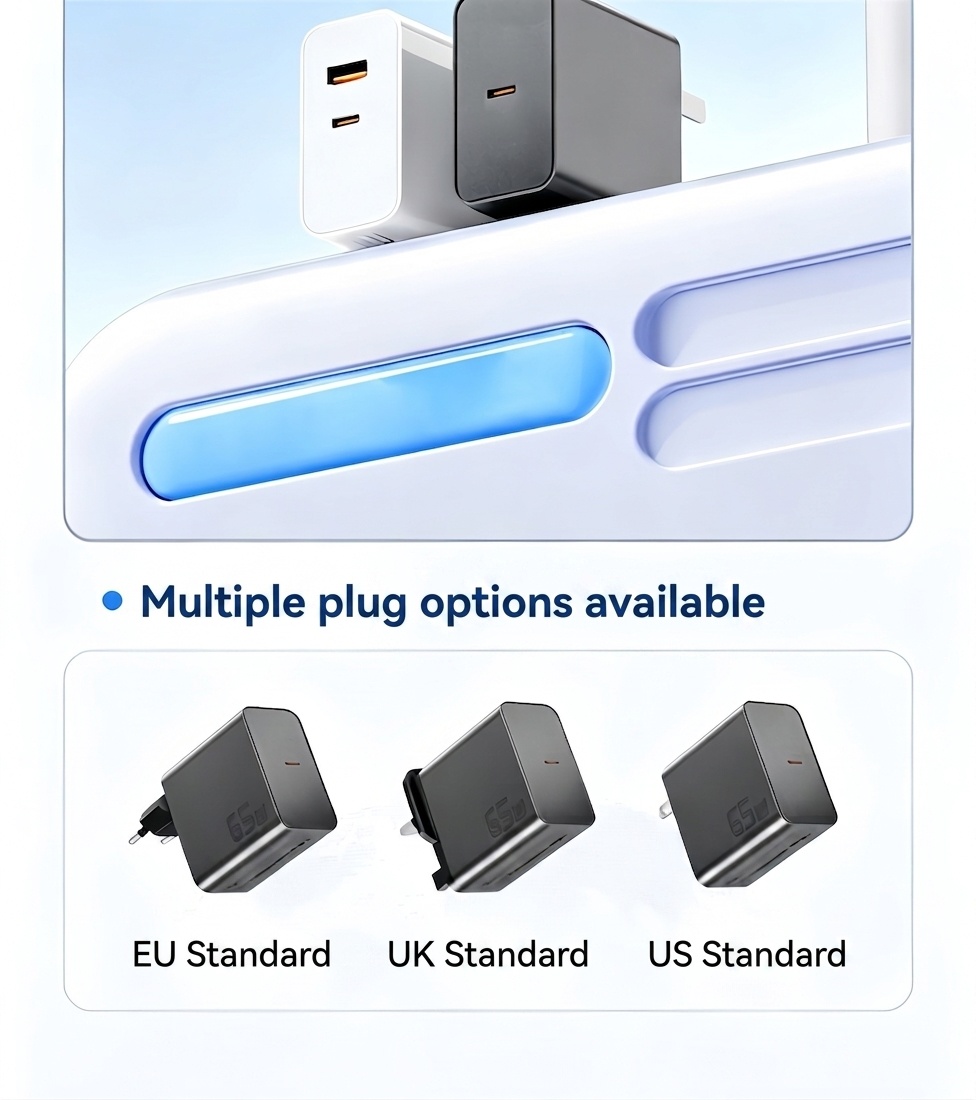 65W GaN Fast Charger, USB-C and USB-A Dual Port Wall Adapter