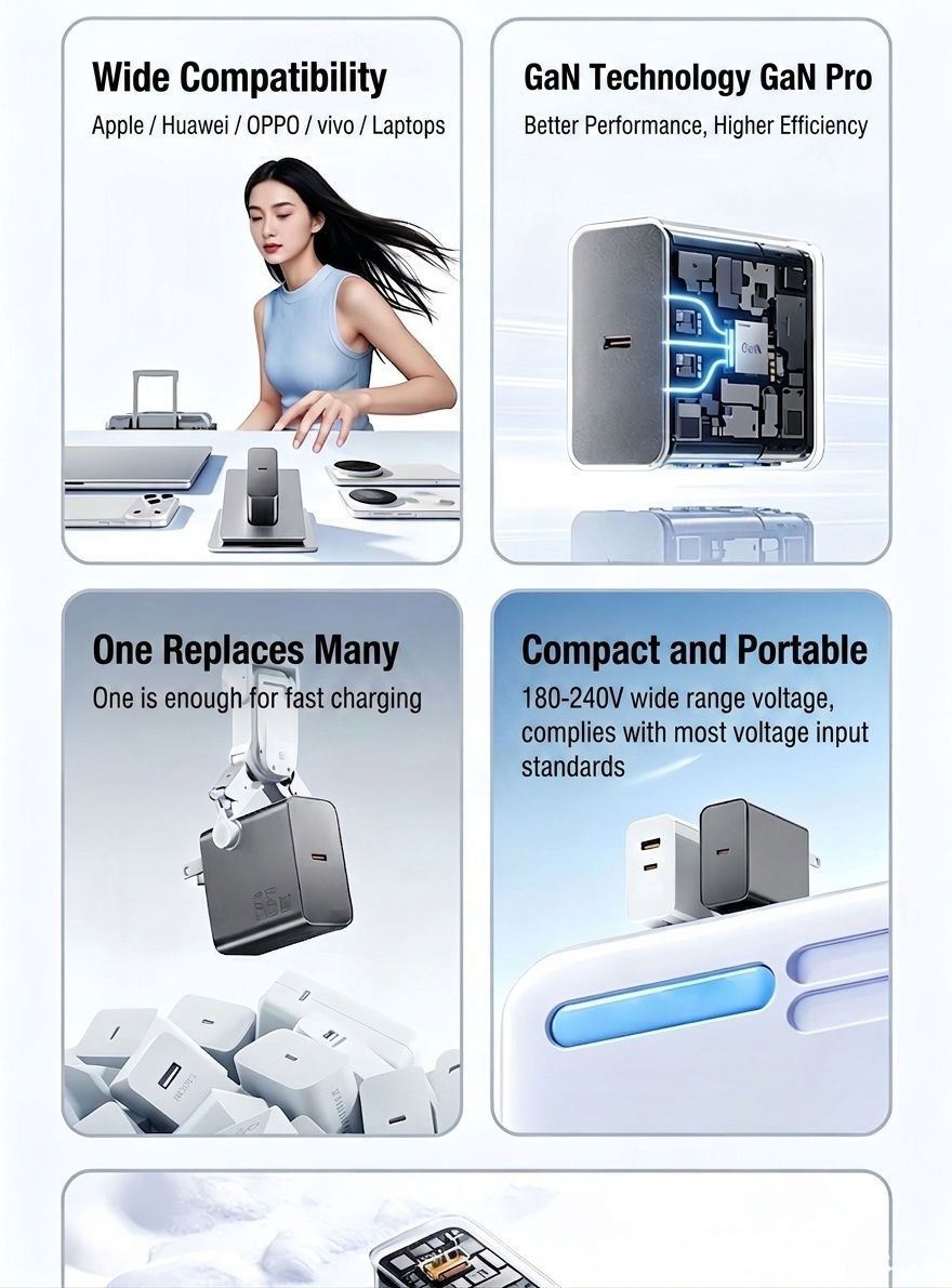 65W GaN Fast Charger, USB-C and USB-A Dual Port Wall Adapter