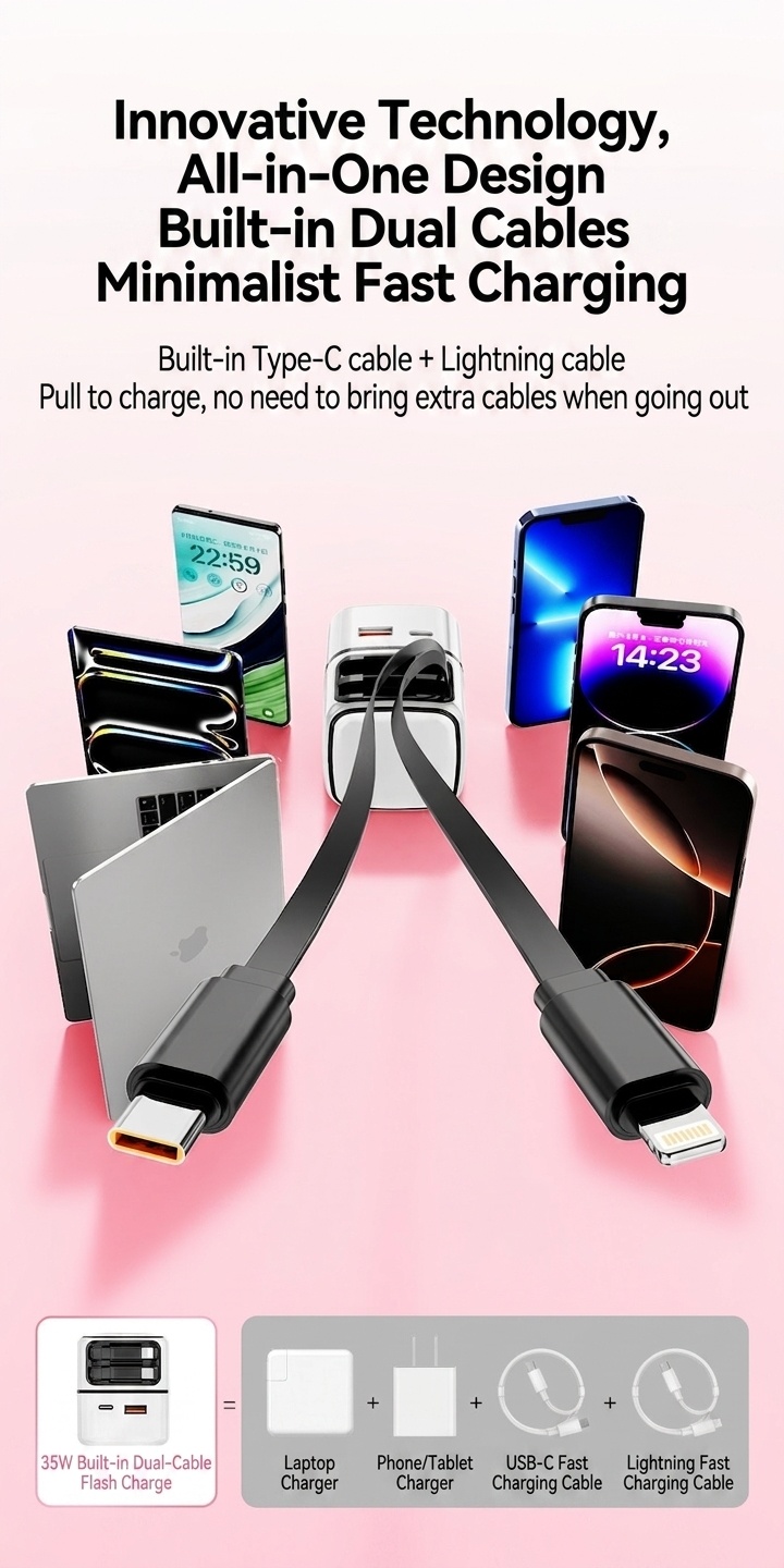 35W GaN Fast Charger with Retractable Type-C and Lightning