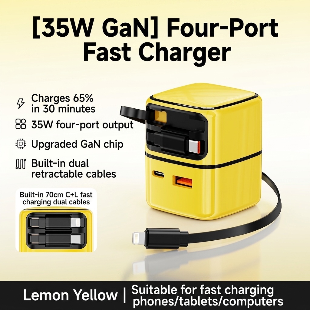 35W GaN Fast Charger with Retractable Type-C and Lightning