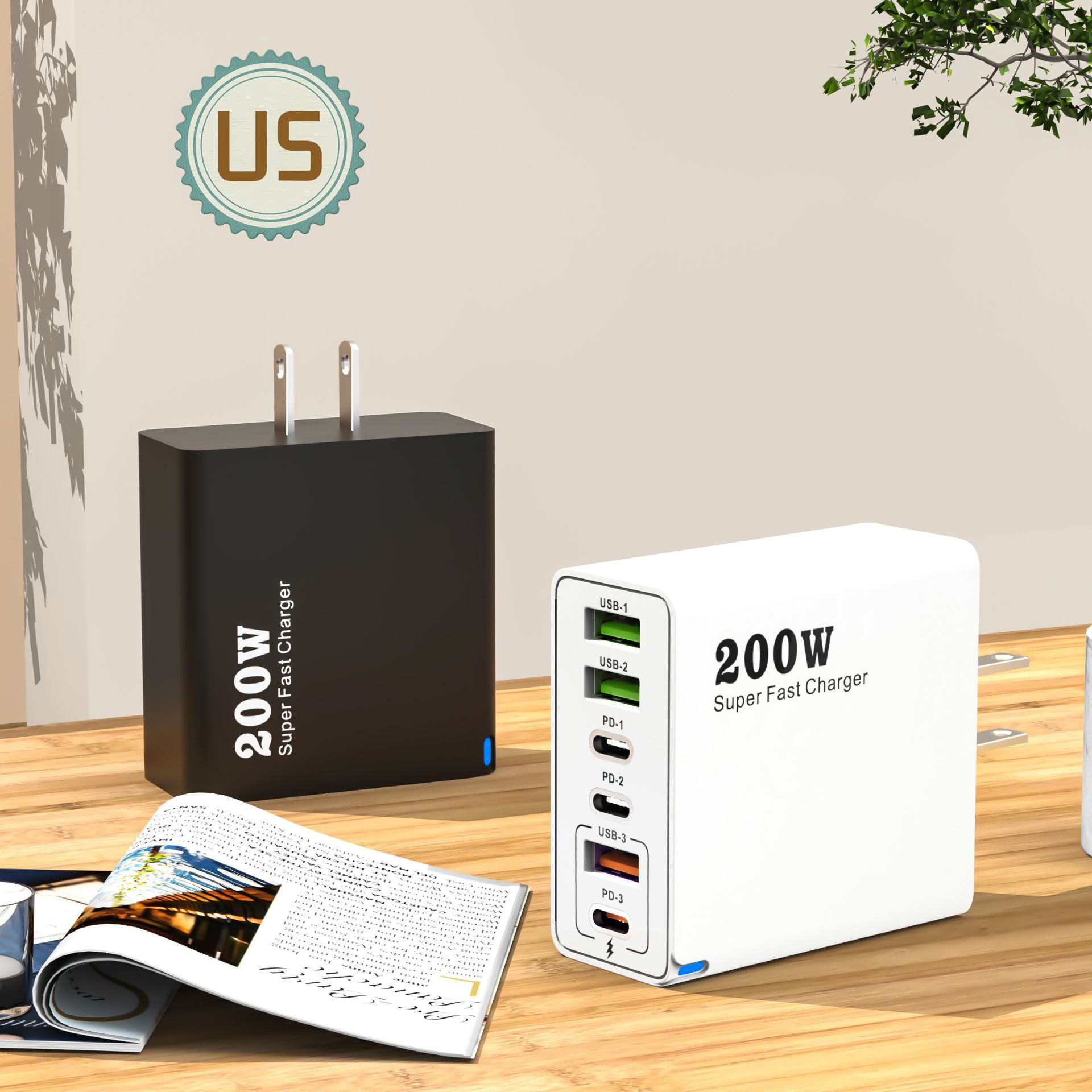 200W Super Fast Charger, Multi-Port USB-C PD Wall Adapter