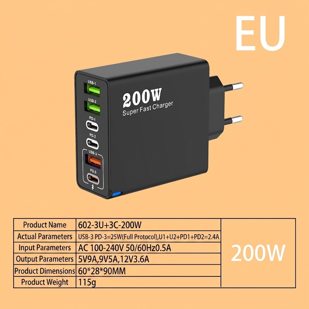 200W Super Fast Charger, Multi-Port USB-C PD Wall Adapter