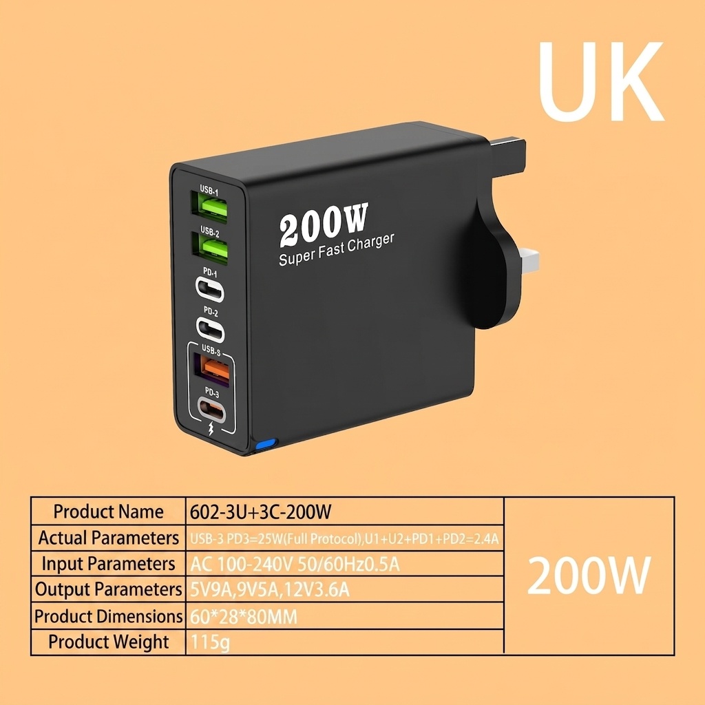 200W Super Fast Charger, Multi-Port USB-C PD Wall Adapter