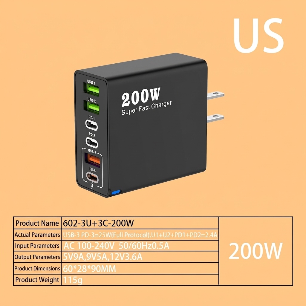 200W Super Fast Charger, Multi-Port USB-C PD Wall Adapter