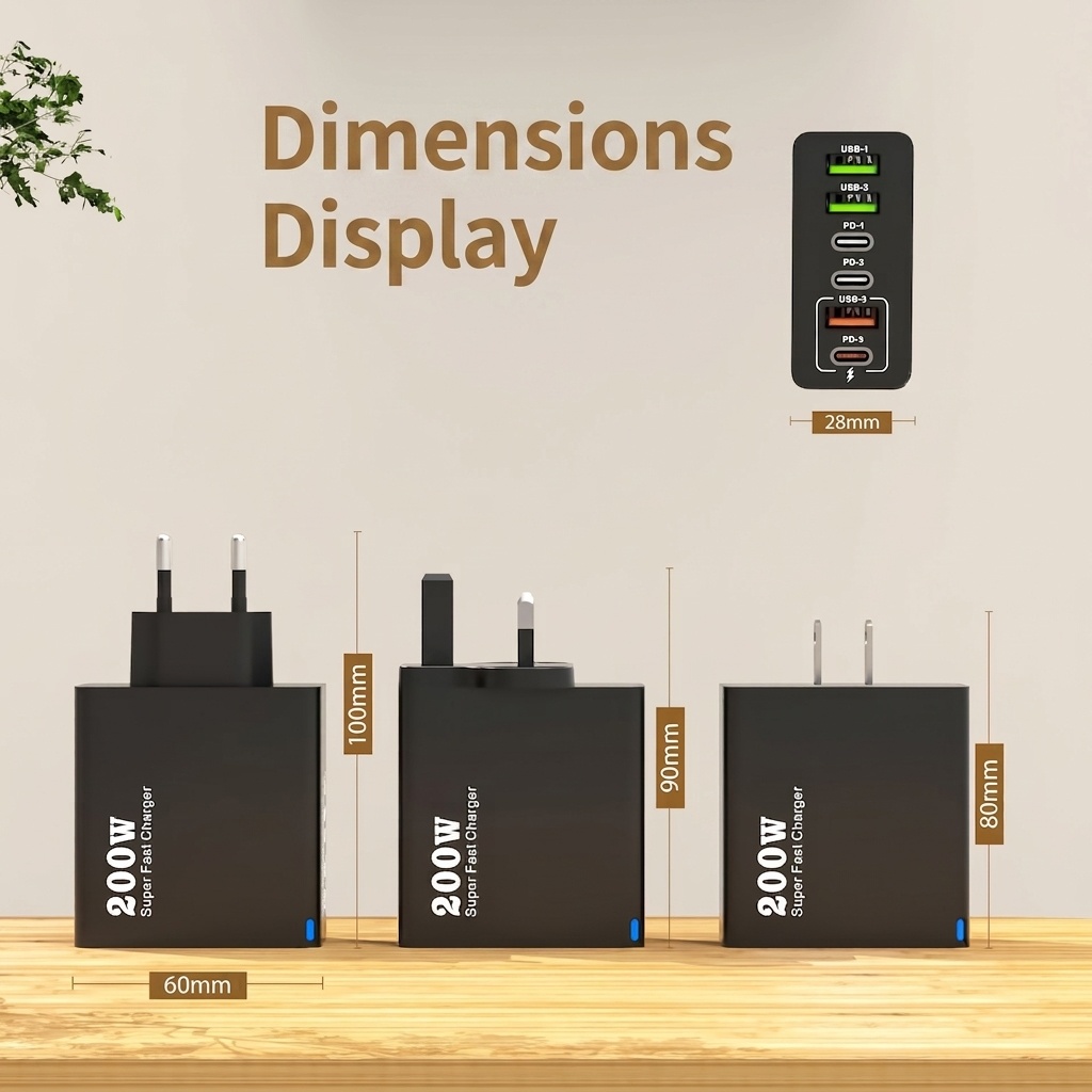 200W Super Fast Charger, Multi-Port USB-C PD Wall Adapter