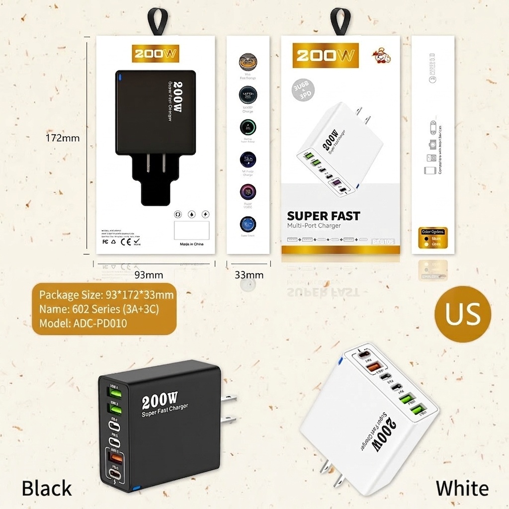 200W Super Fast Charger, Multi-Port USB-C PD Wall Adapter