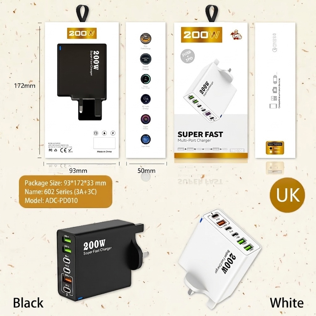 200W Super Fast Charger, Multi-Port USB-C PD Wall Adapter
