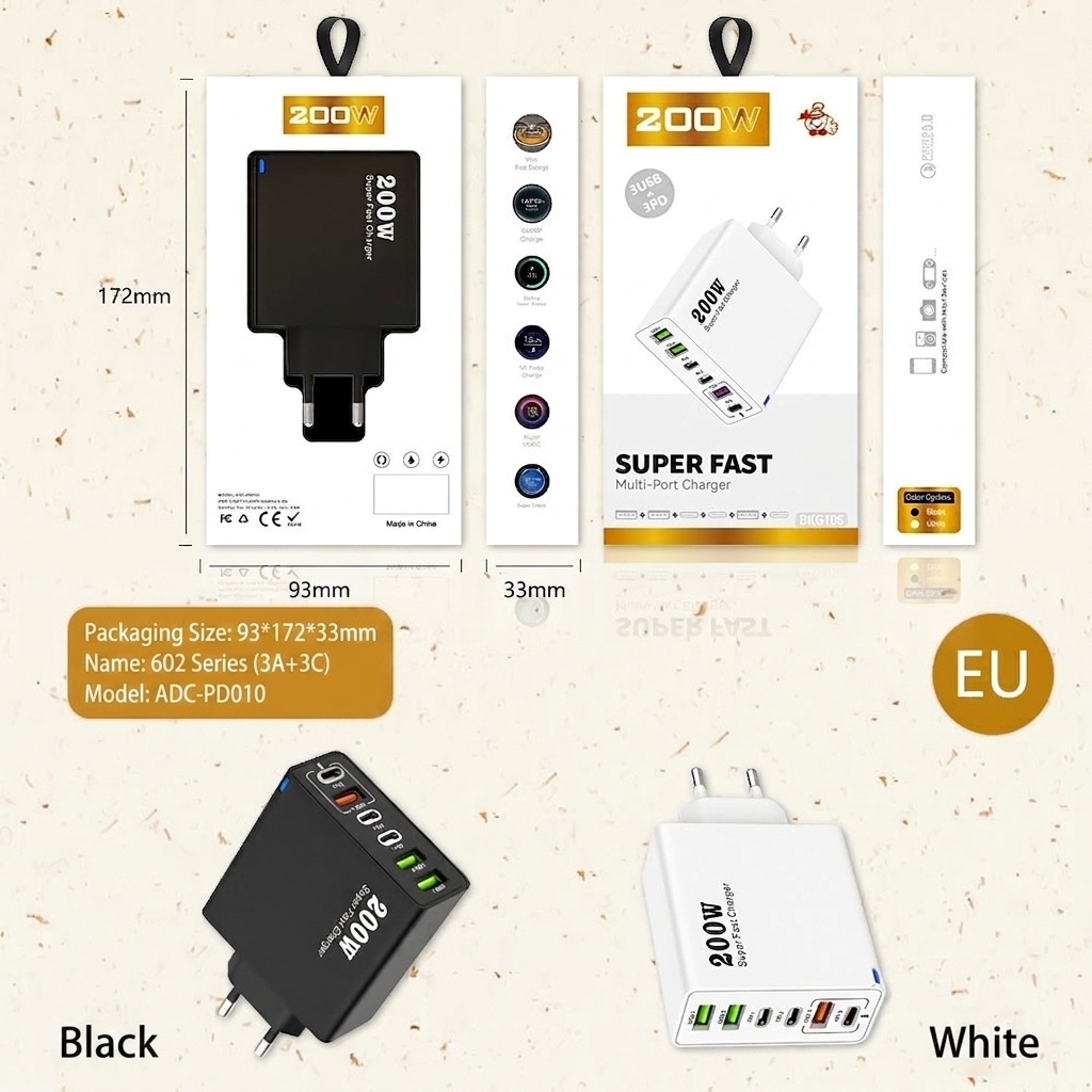 200W Super Fast Charger, Multi-Port USB-C PD Wall Adapter