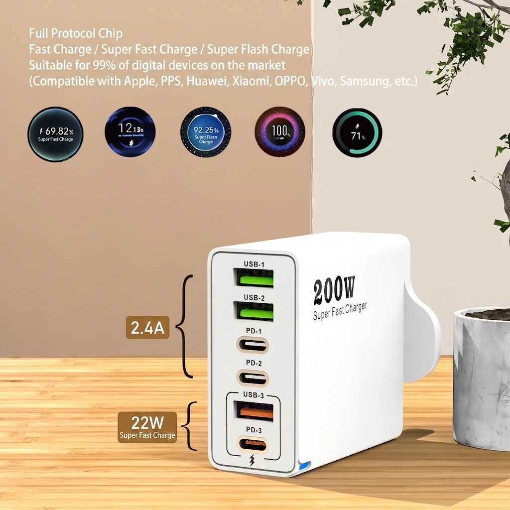 200W Super Fast Charger, Multi-Port USB-C PD Wall Adapter