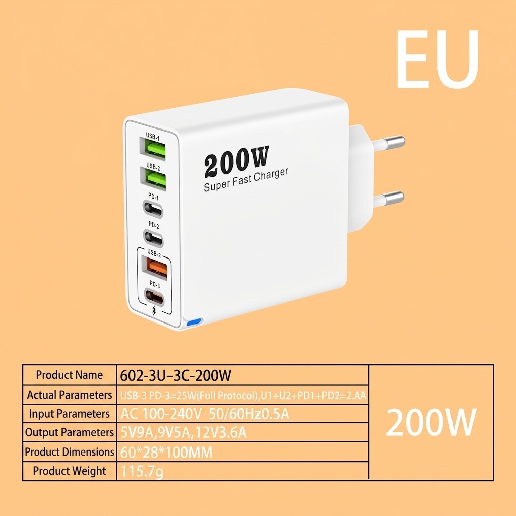 200W Super Fast Charger, Multi-Port USB-C PD Wall Adapter