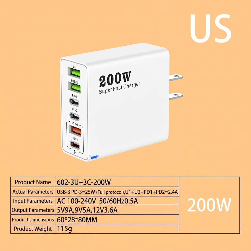 200W Super Fast Charger, Multi-Port USB-C PD Wall Adapter
