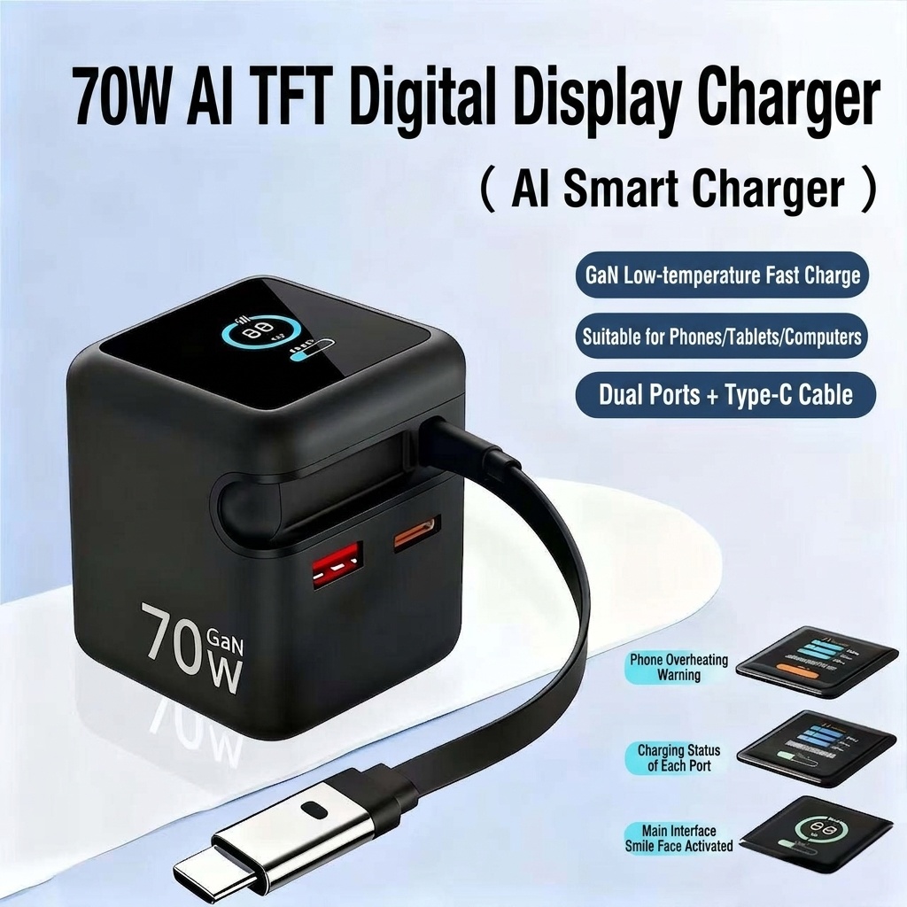 70W GaN Fast Charger with Retractable Cable and Smart Display