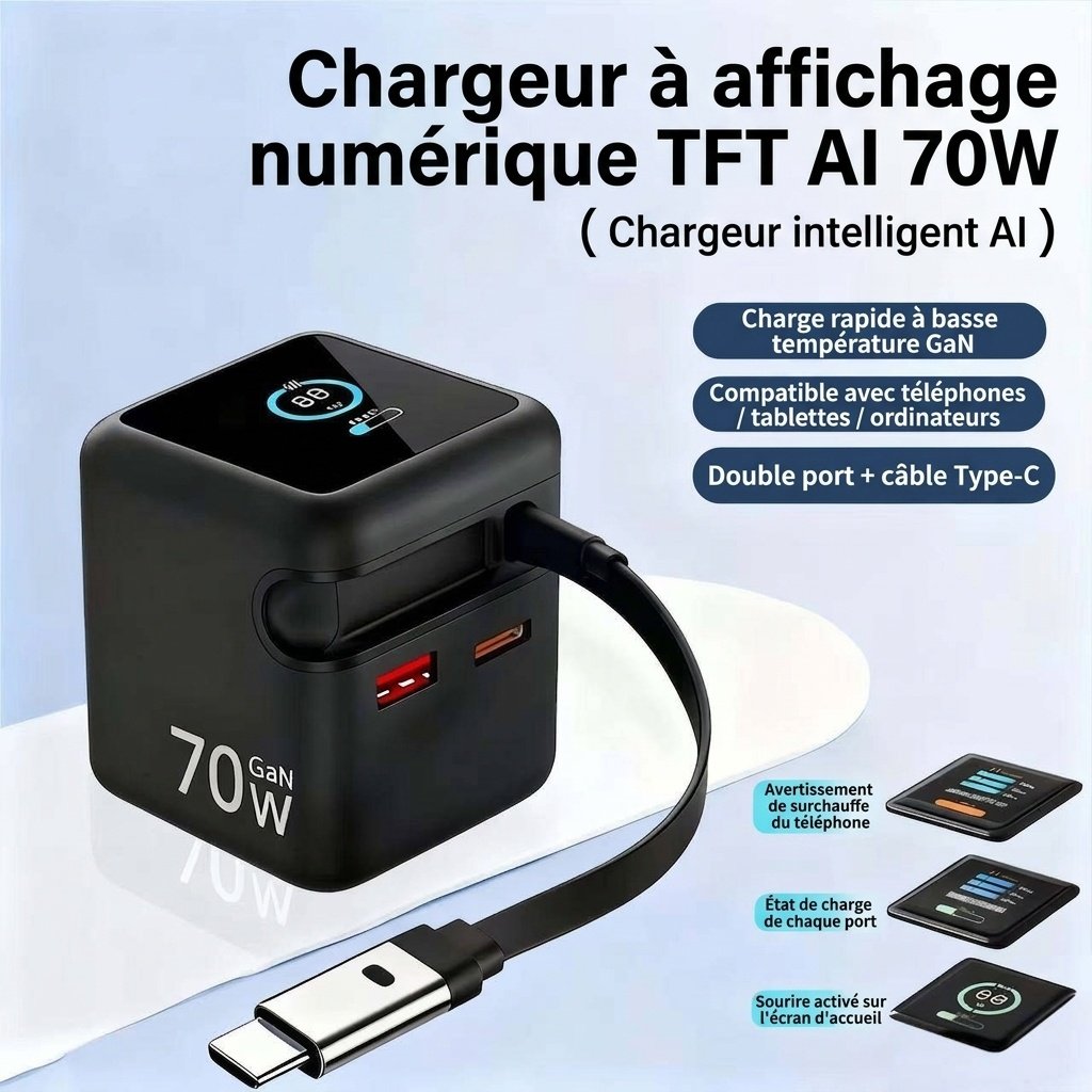 Chargeur rapide GaN 70 W avec câble rétractable et écran intelligent