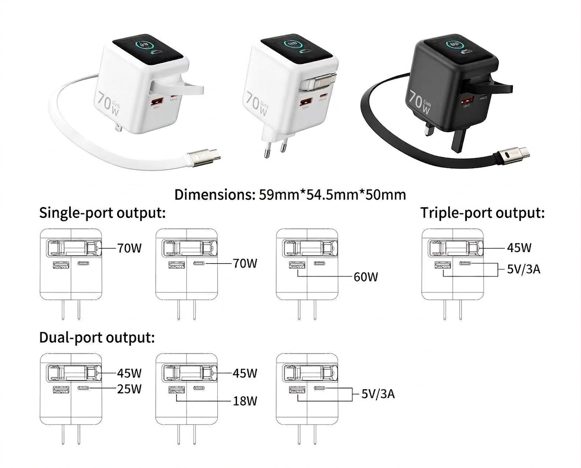 70W GaN Fast Charger with Retractable Cable and Smart Display