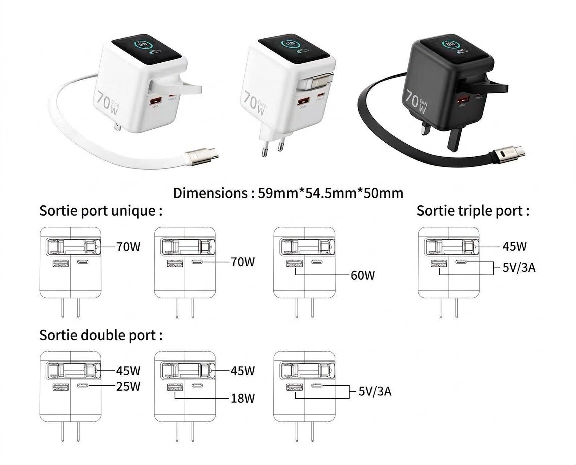 Chargeur rapide GaN 70 W avec câble rétractable et écran intelligent