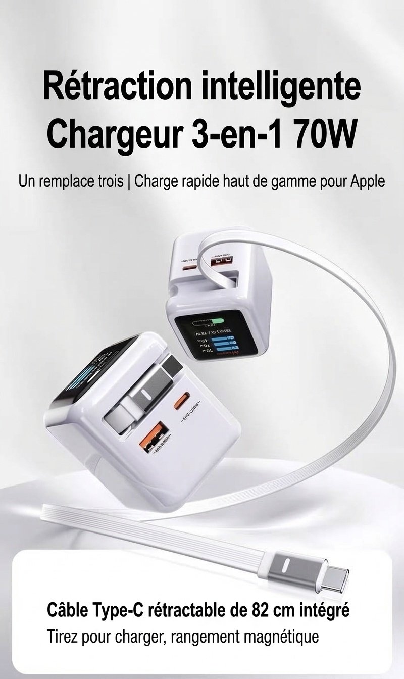 Chargeur rapide GaN 70 W avec câble rétractable et écran intelligent