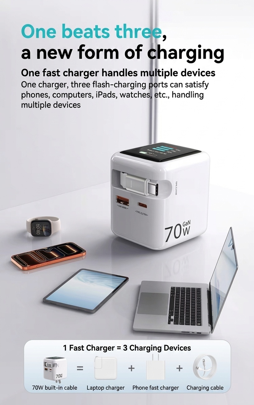 70W GaN Fast Charger with Retractable Cable and Smart Display