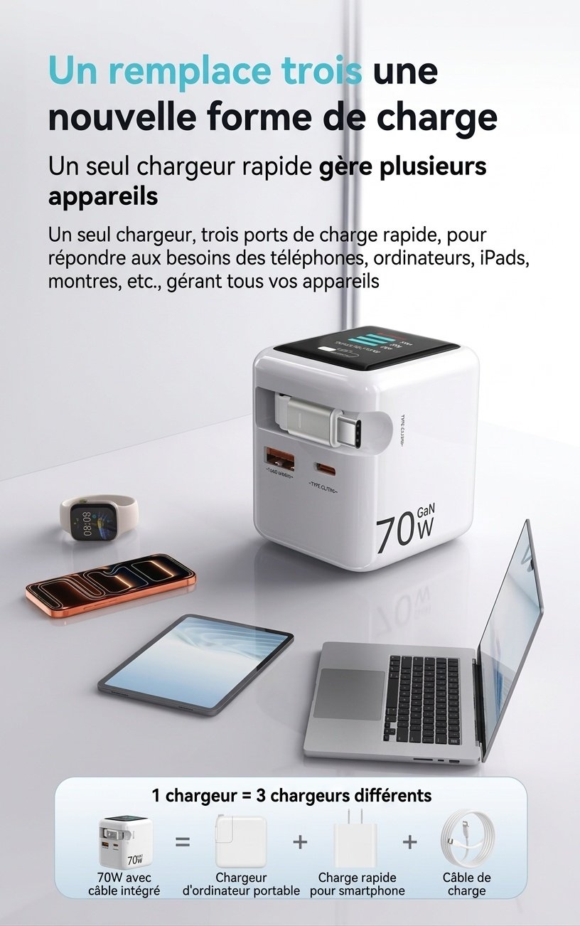 Chargeur rapide GaN 70 W avec câble rétractable et écran intelligent