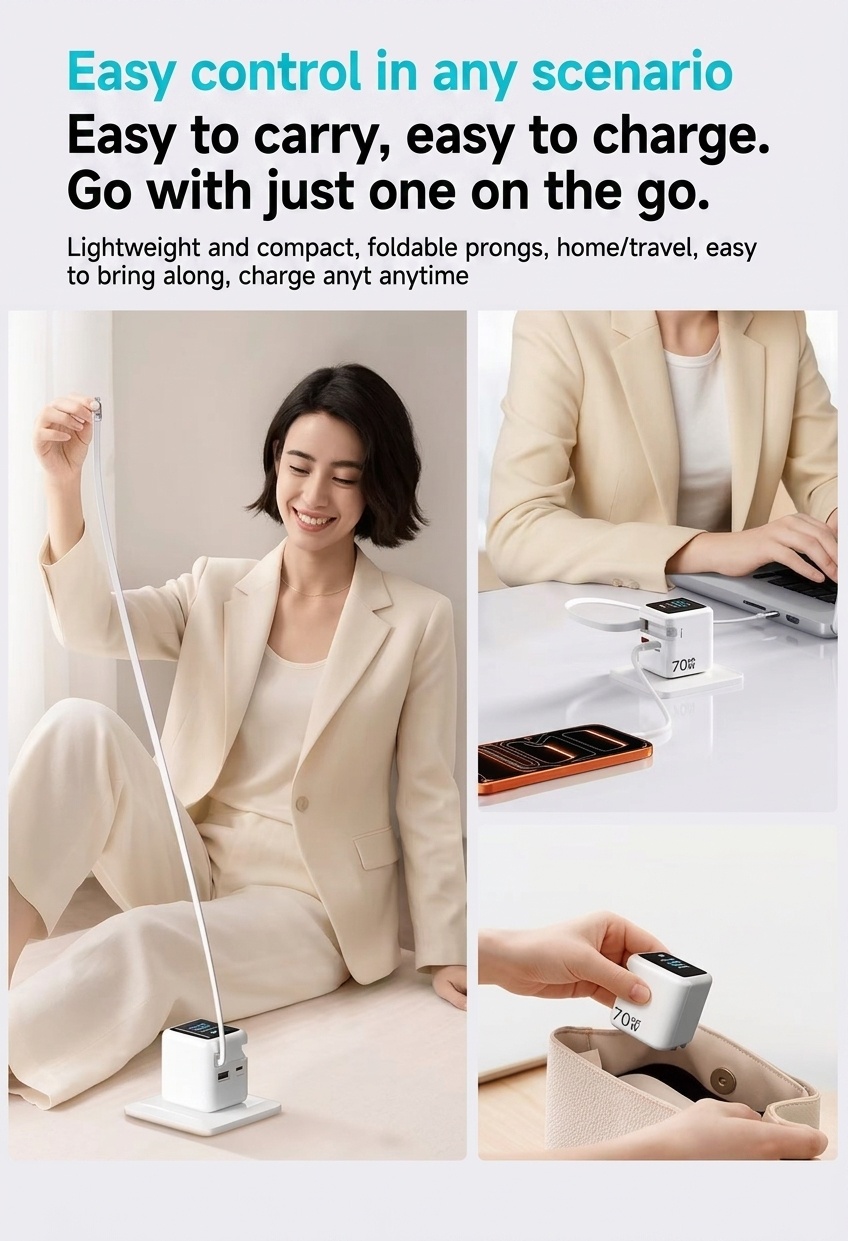 70W GaN Fast Charger with Retractable Cable and Smart Display