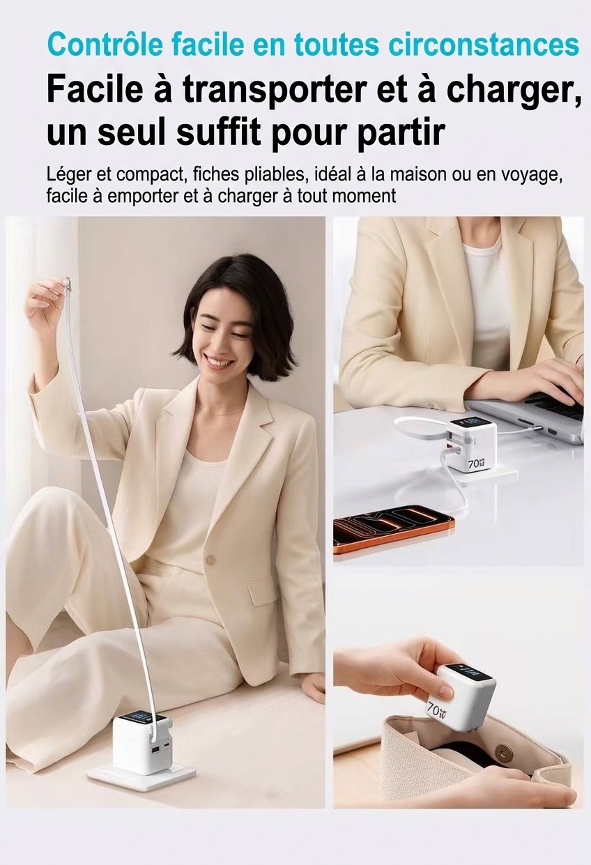 Chargeur rapide GaN 70 W avec câble rétractable et écran intelligent