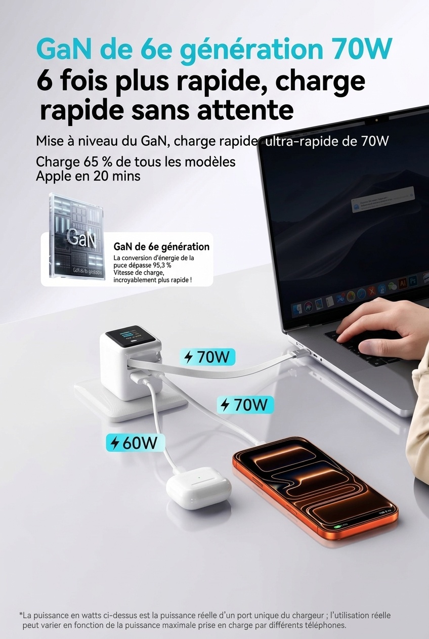 Chargeur rapide GaN 70 W avec câble rétractable et écran intelligent