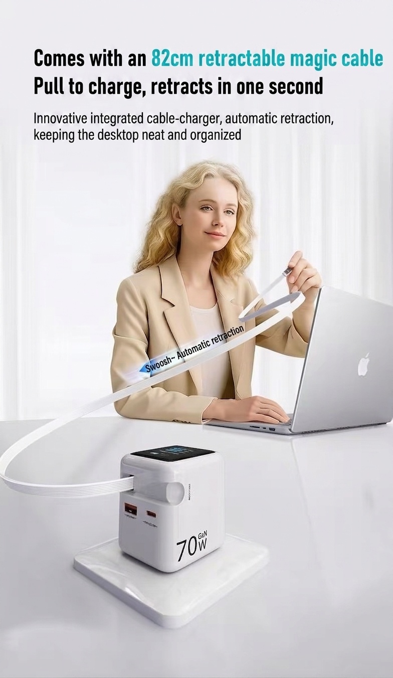 70W GaN Fast Charger with Retractable Cable and Smart Display