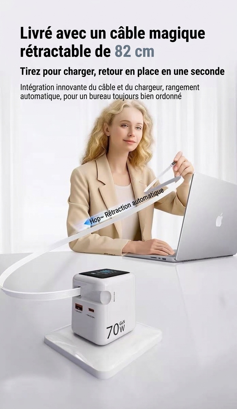 Chargeur rapide GaN 70 W avec câble rétractable et écran intelligent