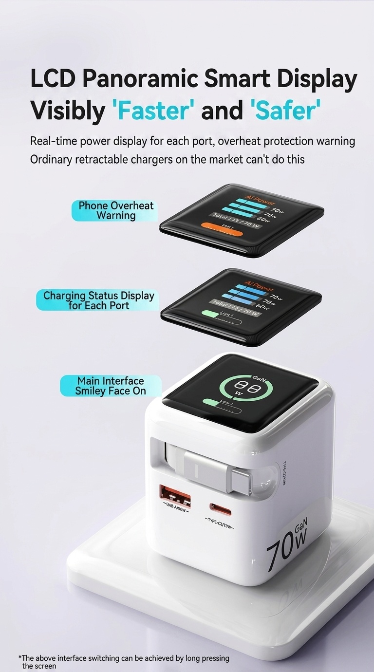 70W GaN Fast Charger with Retractable Cable and Smart Display