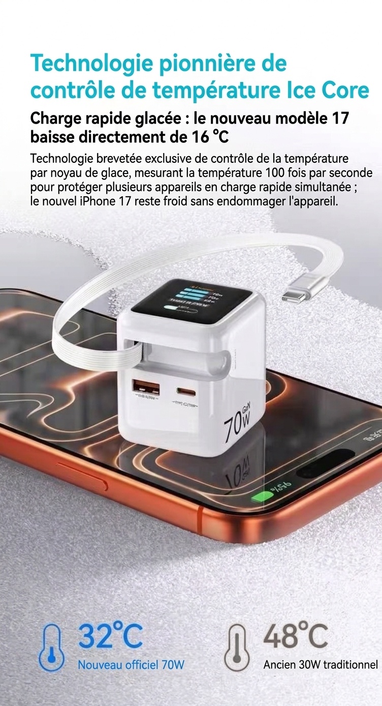 Chargeur rapide GaN 70 W avec câble rétractable et écran intelligent