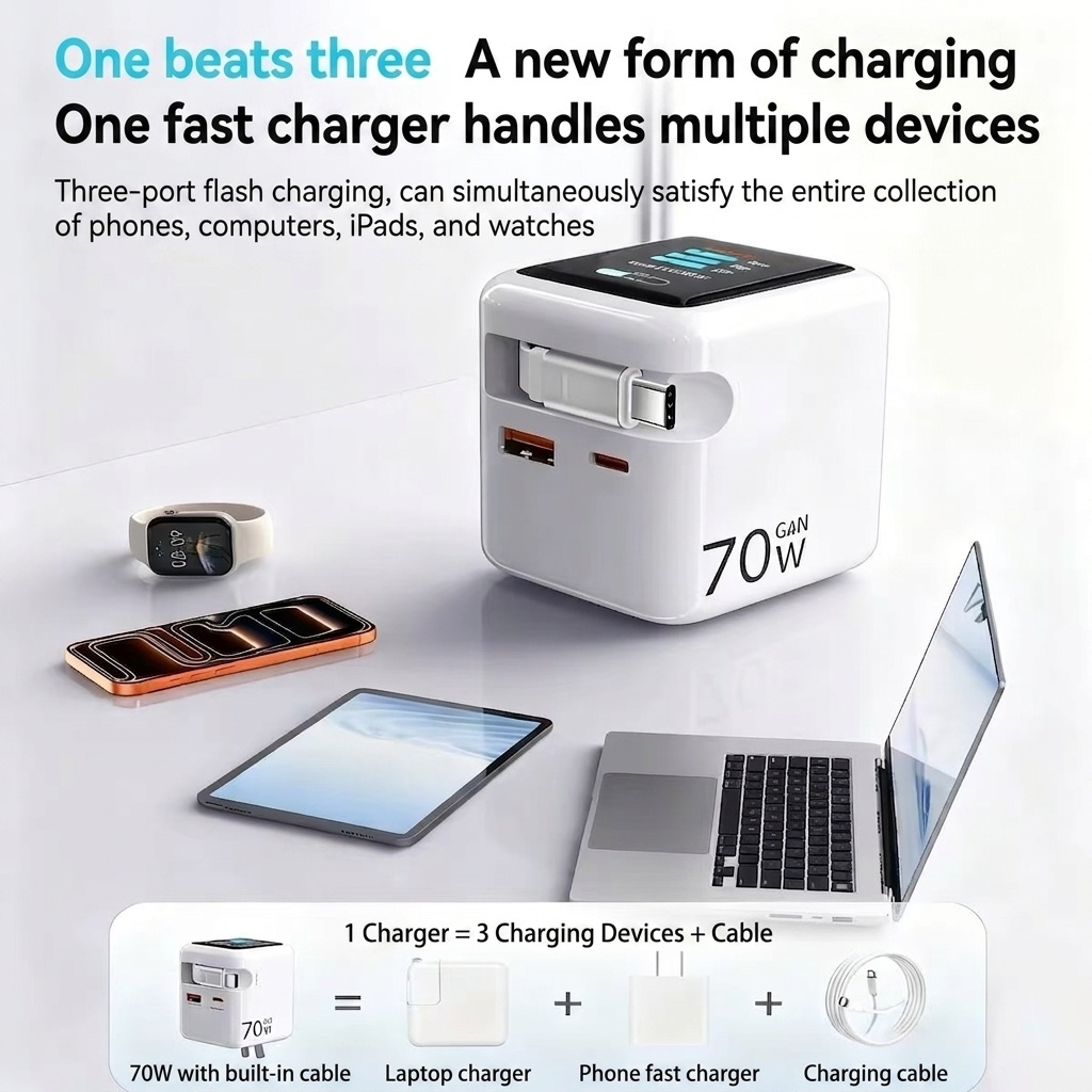 70W GaN Fast Charger with Retractable Cable and Smart Display
