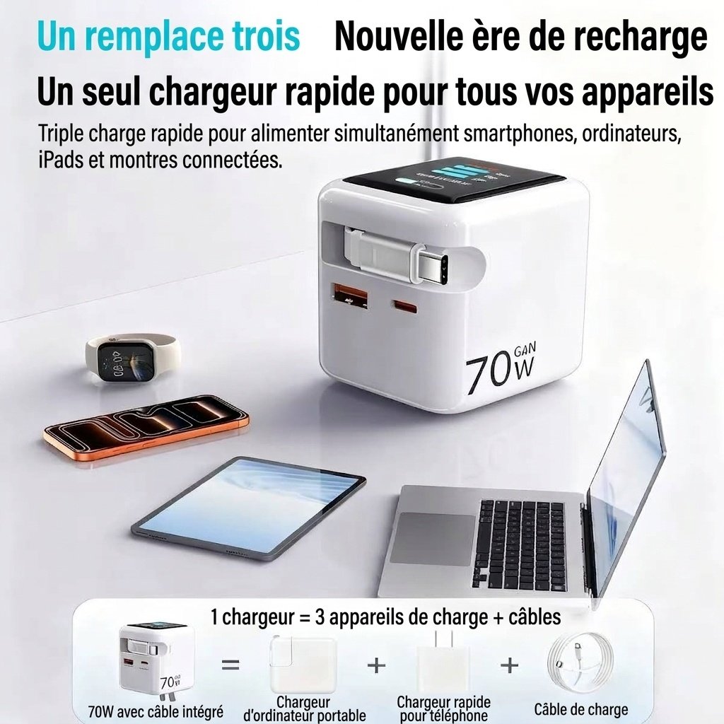 Chargeur rapide GaN 70 W avec câble rétractable et écran intelligent