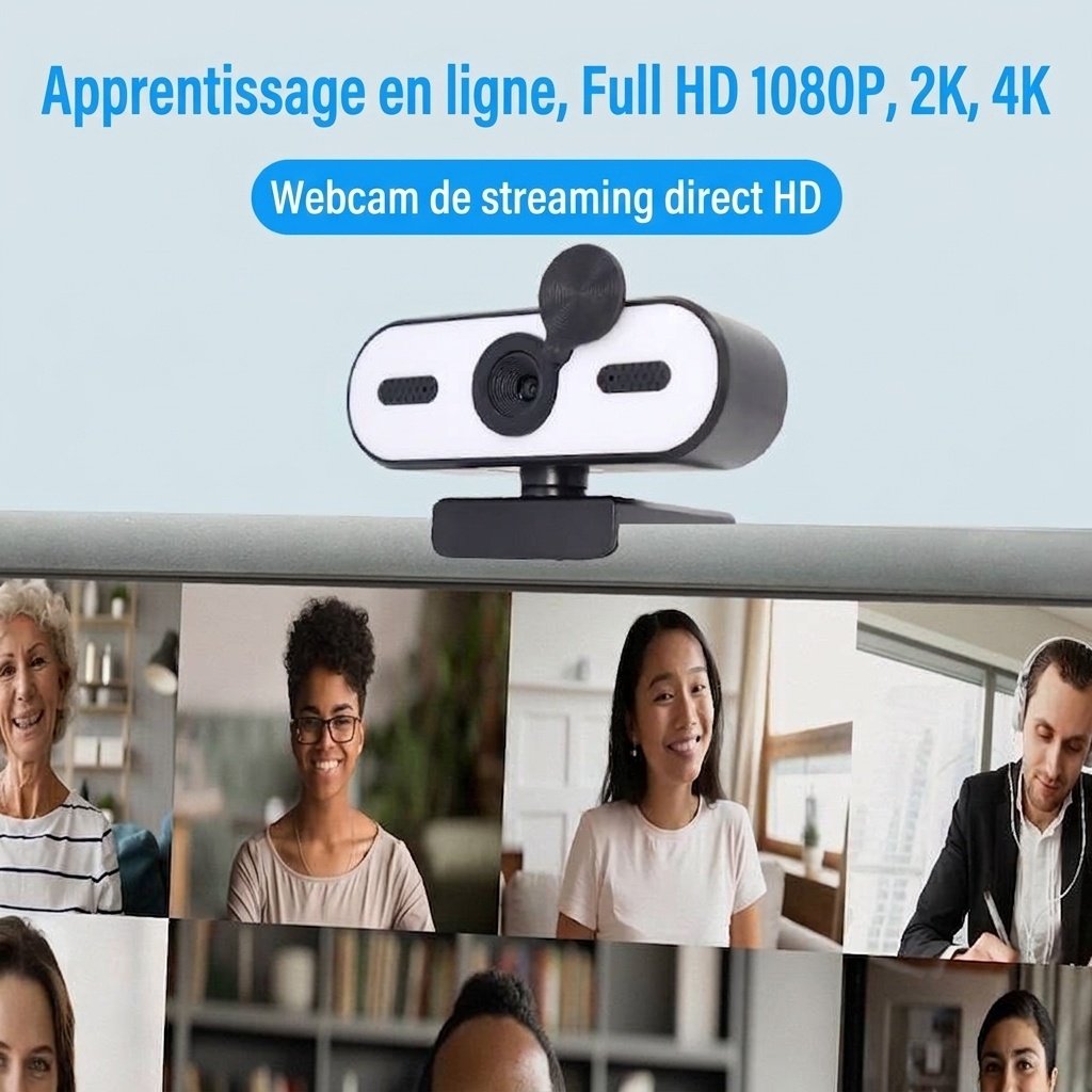 Webcam USB HD 1080p/2K/4K avec cache de confidentialité, caméra pour PC portable et de bureau, appels vidéo et enregistrement