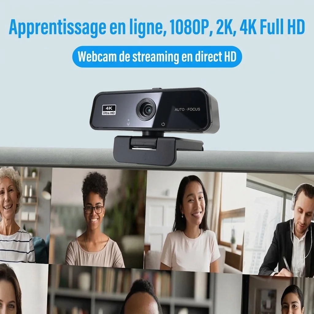 Webcam 4K Ultra HD à mise au point automatique, caméra de streaming pour PC, Mac, Zoom, Skype, YouTube