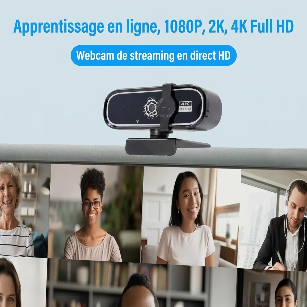 Webcam USB 4K Full HD avec micro intégré, caméra d'ordinateur ultra-nette pour appels vidéo, visioconférences et PC.