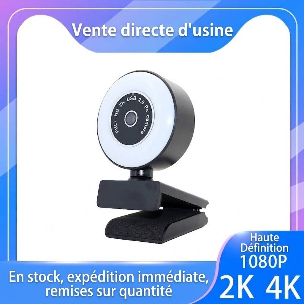 Webcam PC USB HD 2K/4K avec anneau lumineux intégré, caméra professionnelle pour le streaming sur Twitch, YouTube et les appels vidéo, autofocus