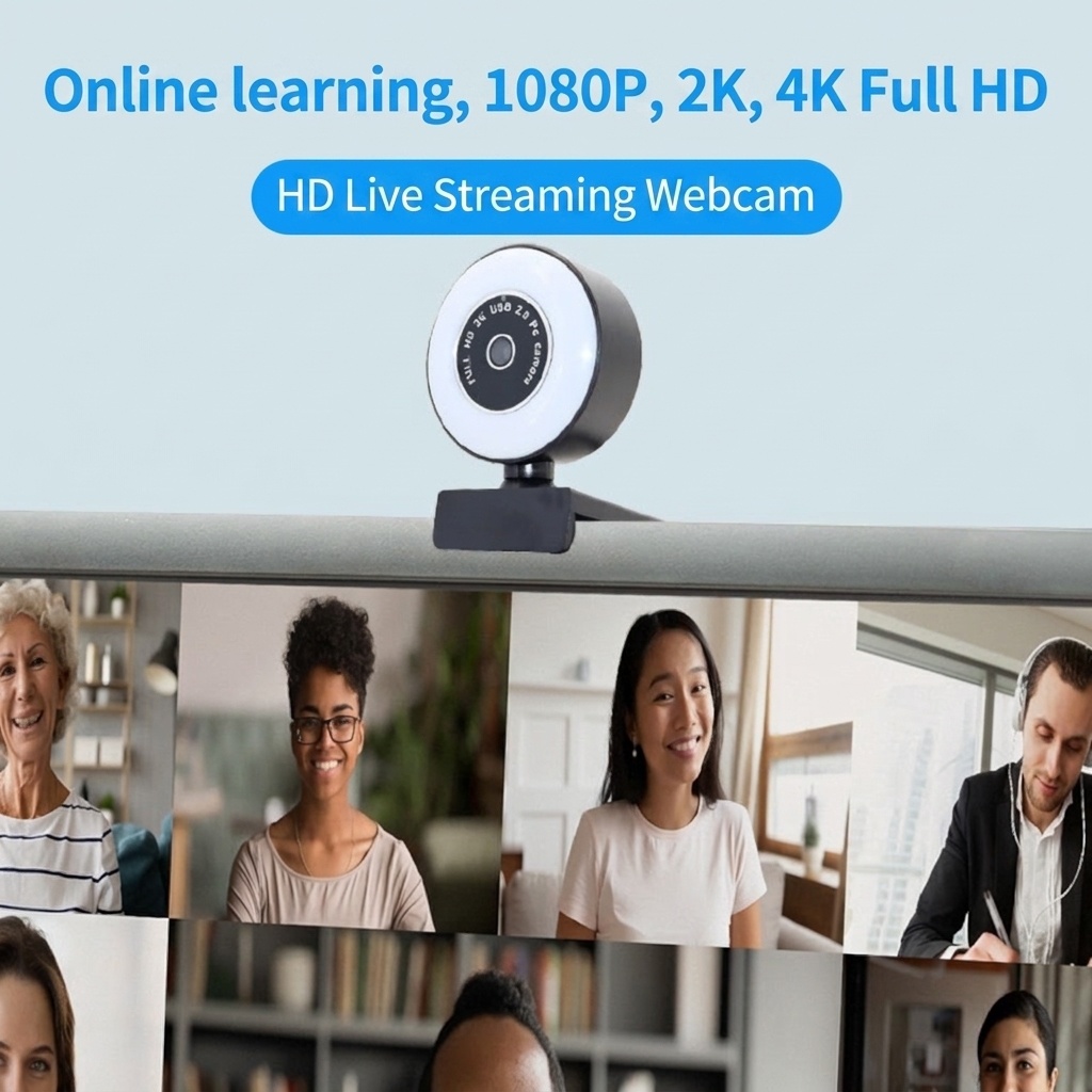 2K/4K HD USB PC Webcam with Built-in Ring Light, Pro Streaming Camera for Twitch, YouTube, Video Calls, Autofocus